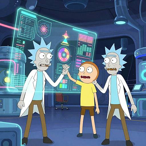 Cartoon image of two spiky-haired scientists in white lab coats and brown pants, flanking a surprised boy in a yellow shirt and brown shorts,