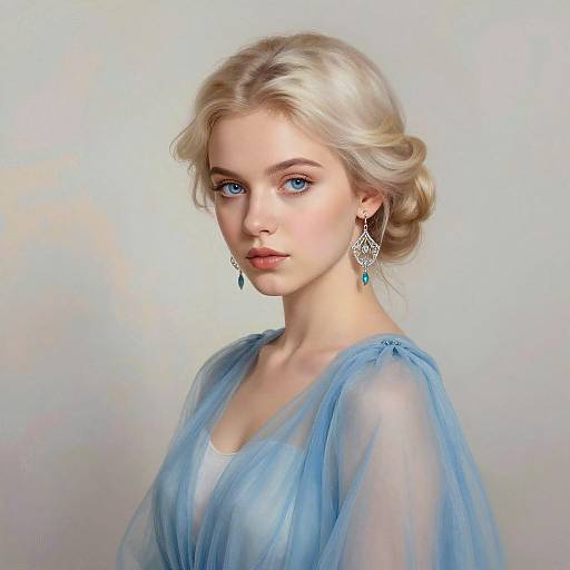 Digital portrait of a fair-skinned, blonde woman with blue eyes, wearing a sheer blue gown and turquoise earrings, against a soft white background.
