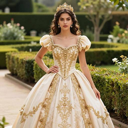 Young Woman in Embroidered Ball Gown and Crown