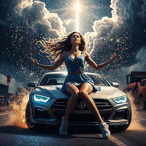 Goddess of Cars Sitting on Sports Car Hood