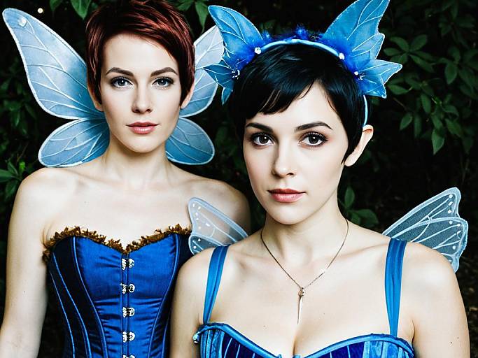 Photograph-like digital artwork of two fair-skinned women with short hair, blue corsets, and translucent blue fairy wings, standing against a dark leaf