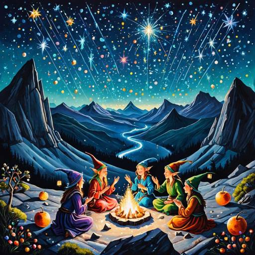 Elves Celebrating Meteor Shower on Mountain Plateau