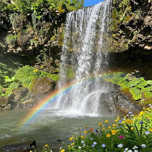 Photograph of a vibrant waterfall cascading into a pool, surrounded by lush greenery and colorful flowers, with a rainbow arcing over the water.