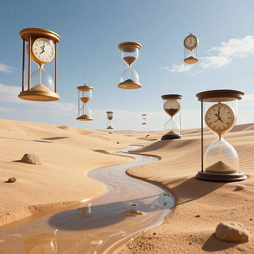 Photograph of floating hourglasses with clocks over a sandy desert landscape, featuring a winding stream, under a bright blue sky.