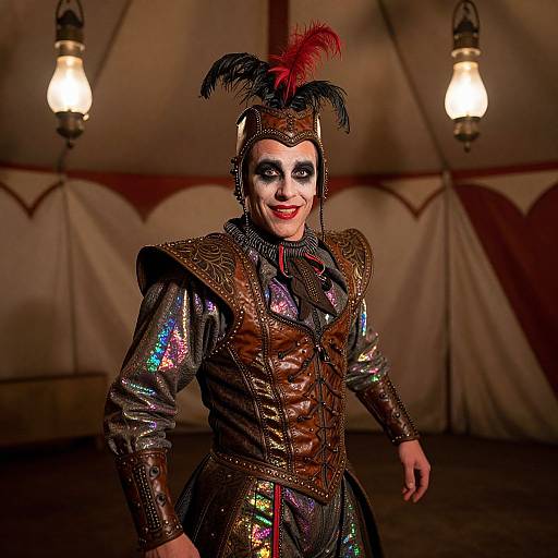 Photograph of a person in elaborate, metallic, Victorian-style costume with black face paint, red feathered headpiece, and colorful accents, standing in