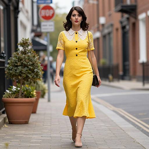 Photograph of a confident woman with wavy brown hair, wearing a bright yellow lace dress and beige heels, walking down a urban street with potted