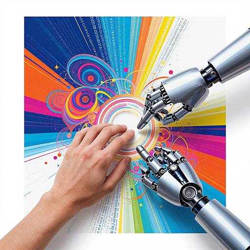Photograph of a human hand interacting with two robotic arms on a vibrant, colorful, abstract background with swirls and lines.