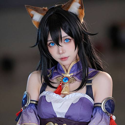 Digital CGI of anime-style woman with black hair, fox ears, vivid blue eyes, purple and white outfit, gold and blue jewelry, red tass