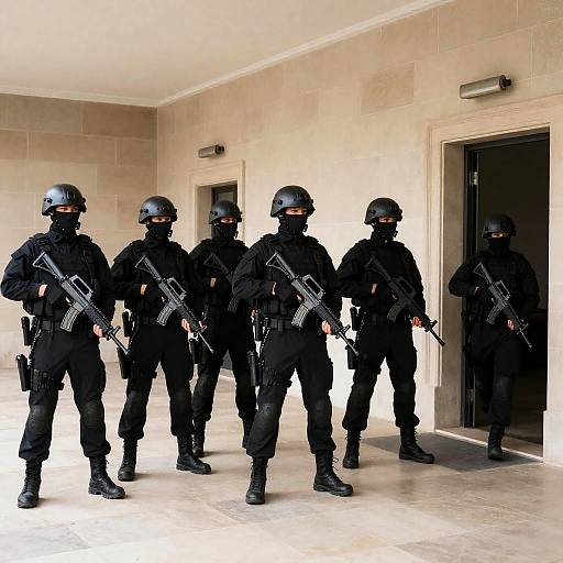 Helmed Guards in Stone Hallway Setting