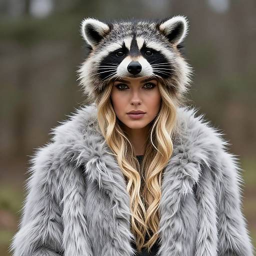 Blonde Girl in Fur Coat and Raccoon Hat