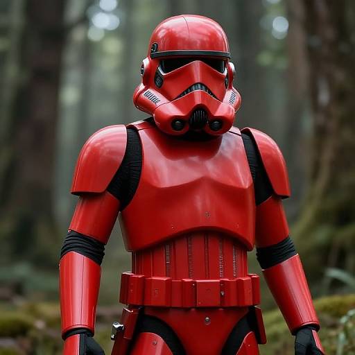 Photograph of a detailed, shiny red Stormtrooper costume standing in a misty forest, with blurred trees in the background.