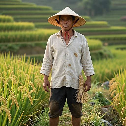 Photograph of an Asian man in a conical hat, white shirt, and black shorts, standing in a lush, terraced rice field.