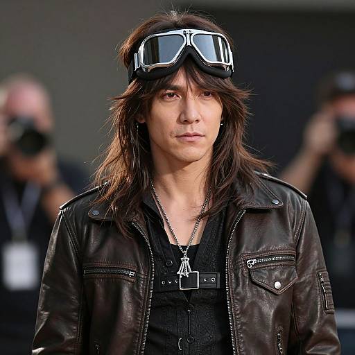 Photograph of a man with long brown hair, black leather jacket, black shirt, and aviator goggles, standing confidently in front of blurred background with