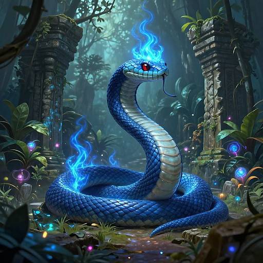 Digital art of a glowing blue serpent with red eyes, coiled in a mystical jungle with bioluminescent plants and ruins.