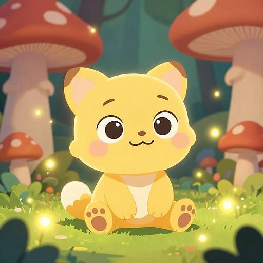 Cute, cartoon-style yellow kitten with large eyes and blush sitting on grass in a magical forest with glowing fireflies and red mushrooms. Digital art.