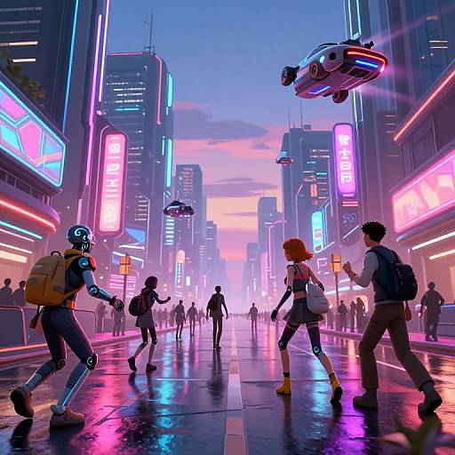 Neon-lit futuristic city street scene, CGI, featuring cybernetic figures, flying drones, and vibrant neon signs in pink, blue, and