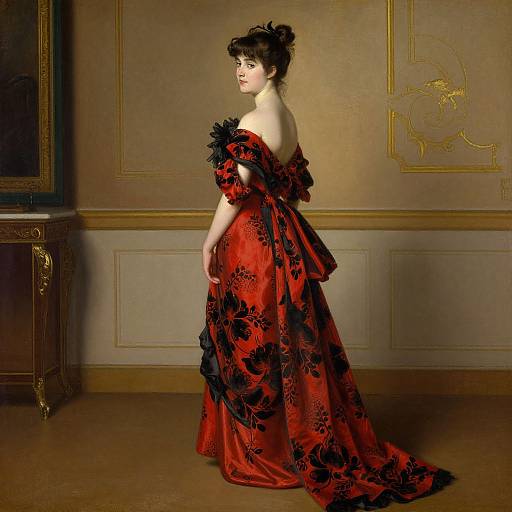 Photograph of a fair-skinned woman in a red, black floral off-shoulder gown, standing in an ornate, gold-accented