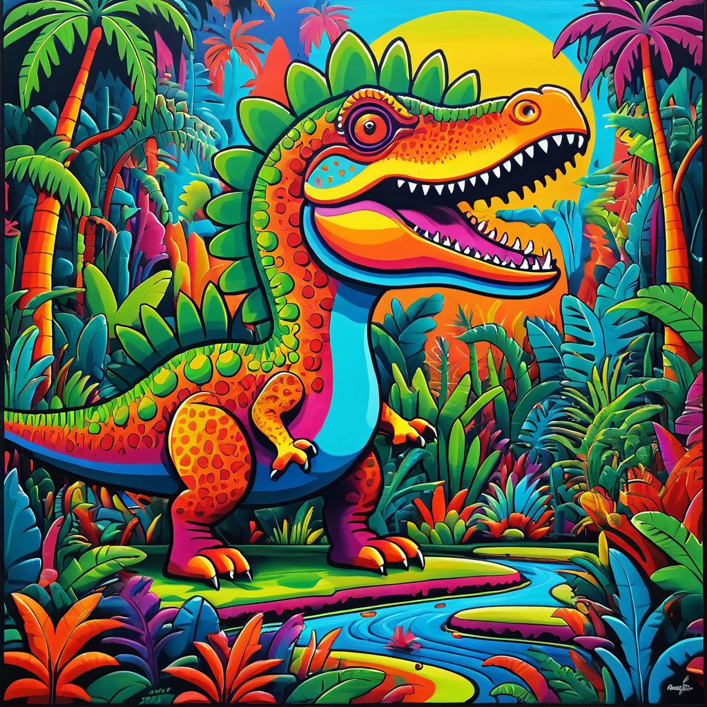 Dinosaur Painting in Vibrant Jungle Style