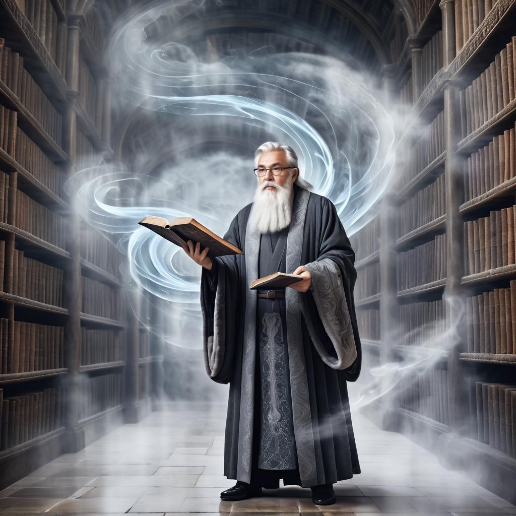 Elderly Scholar in Ancient Library Scene