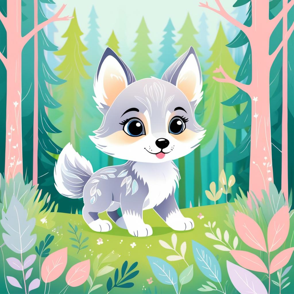 Whimsical Baby Wolf Pup in Forest