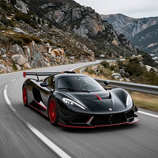 Photograph of a sleek black Lamborghini with red accents speeding along a mountainous, winding road with rocky cliffs in the background.