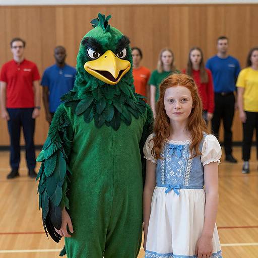 Girl with Bird Mascot and Group in Colorful Uniforms