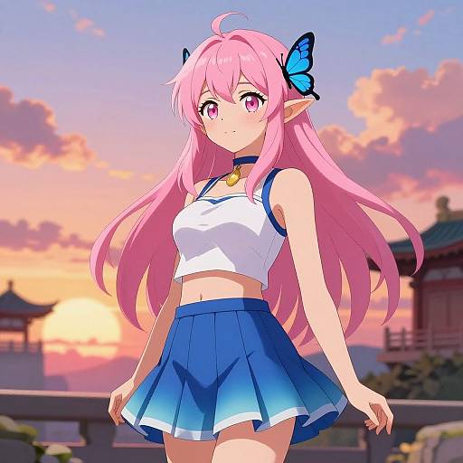 Anime-style digital drawing of a pink-haired, elf-eared girl with butterfly hairpin, wearing a white crop top and blue skirt, against a sunset