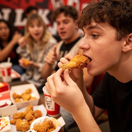 Photograph of a young man with curly brown hair eating a crispy chicken nugget, surrounded by friends at a fast-food restaurant. Background includes blurred group