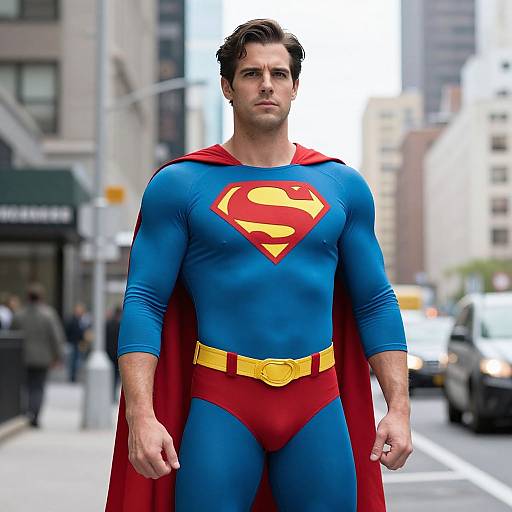 Photograph of a muscular, dark-haired man in a blue Superman suit with a red cape and 