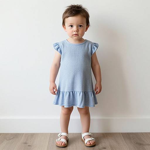 Photograph of a young girl with short brown hair, wearing a light blue, short-sleeved, ruffled dress and white sandals, standing against