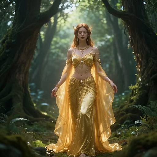 Digital fantasy artwork: A fair-skinned, red-haired woman in a golden, flowing, ethereal dress walks through a sunlit, enchanted forest,
