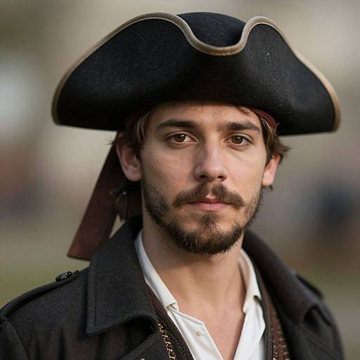 Photograph of a bearded man with brown eyes, wearing a black tricorn hat and dark coat, with a white shirt underneath, set against a