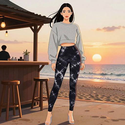 Digital anime-style drawing of a black-haired woman in a gray crop sweater and black galaxy-patterned leggings, standing on a beachside patio at sunset.