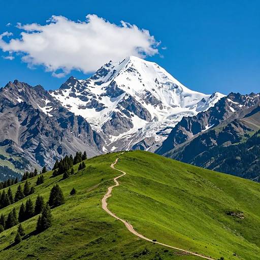 Photograph of a vivid mountain landscape with a bright white snow-capped peak, blue sky, scattered clouds, and a winding green hill path dotted with
