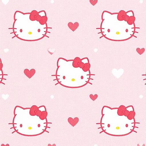 Seamless pattern of red bow-adorned white Hello Kitty faces with yellow noses, surrounded by small red hearts on a white background. Digital illustration