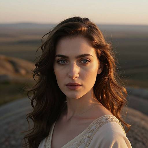 Photograph of a young woman with wavy brown hair, fair skin, and blue eyes, wearing a white, embroidered top, against a blurred sunset