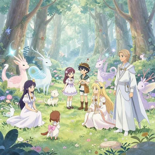 Anime-style forest scene with six characters, including a blonde man in white robes and five girls in white dresses, surrounded by colorful, glowing creatures and flowers