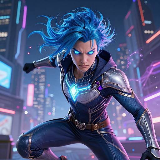 CGI image of a fierce blue-haired superhero with glowing eyes and armor, crouched in a neon-lit, futuristic cityscape.