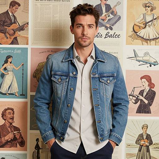 Photograph of a handsome man in a blue denim jacket and white shirt, standing against a vintage-style collage background.