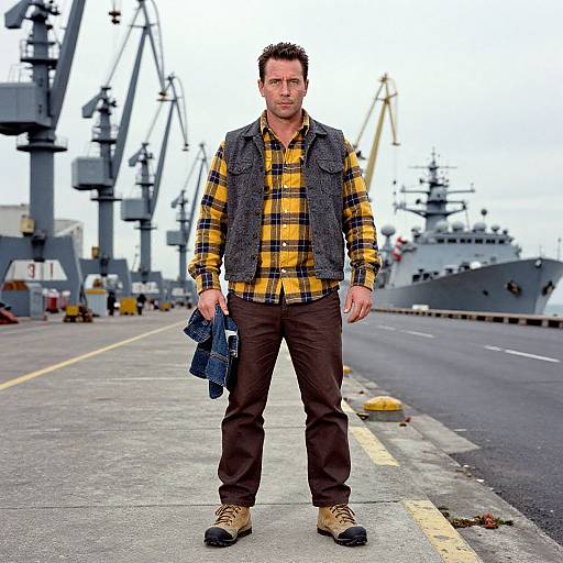 Photograph of a muscular man with short, dark hair, wearing a yellow plaid shirt, gray vest, brown pants, and tan boots, standing