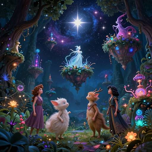 Magical forest night scene: glowing moon, ethereal creatures, floating plants, three people in colorful dresses, illuminated flowers, starry sky, whims