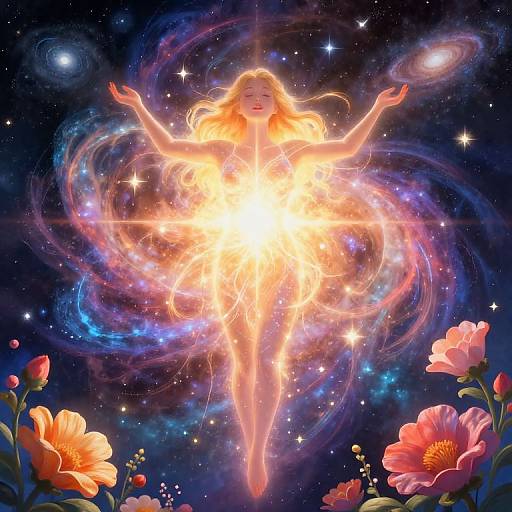Digital art of a glowing, ethereal woman with long blonde hair, arms raised, surrounded by colorful cosmic swirls and stars, floating above vibrant flowers