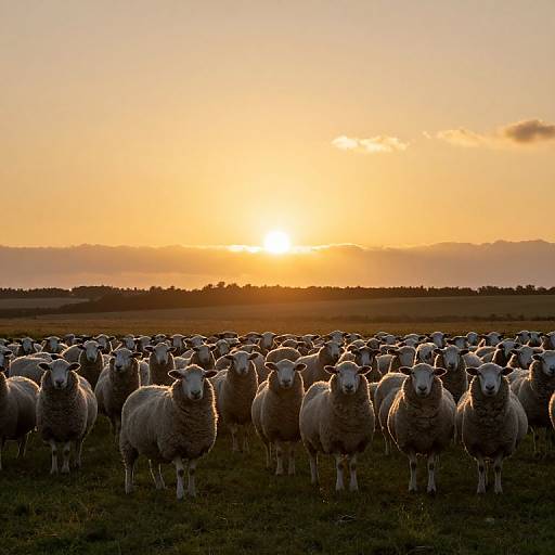 Photograph of a large flock of sheep gathered in a grassy field at sunset, with a golden-orange sky and silhouetted horizon.