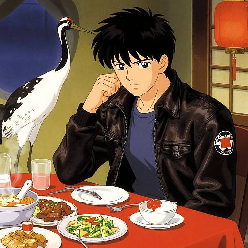 Anime Style Young Man Having Chinese New Year's Eve Dinner