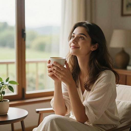 Photograph of a smiling woman with long brown hair, in a white robe, holding a cup, sitting by a sunlit window.