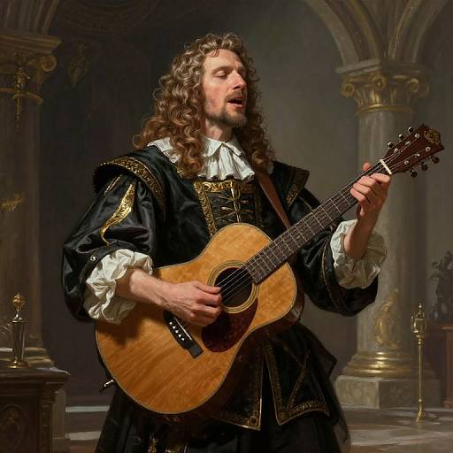 Photograph of a long-haired, bearded man in Renaissance attire, playing an acoustic guitar in a dimly lit, ornate, ancient-style room
