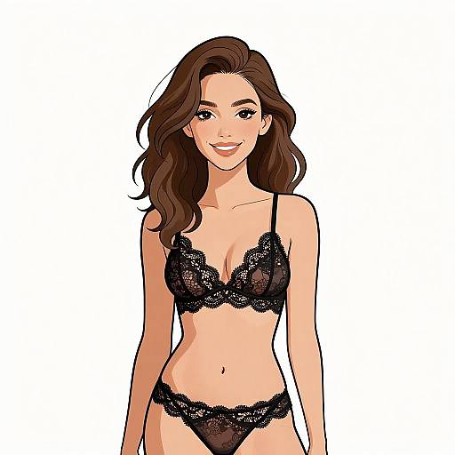 Smiling Woman in Black Lace Lingerie