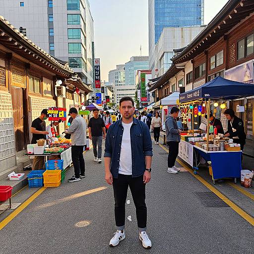 Photograph of a bustling urban street market at dusk, featuring a man in a denim jacket, white t-shirt, and white sneakers standing in the center