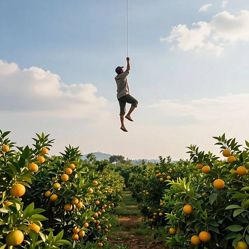 Photograph of a young man in a gray shirt and black shorts, barefoot, swinging from a rope in an orange grove with abundant orange trees