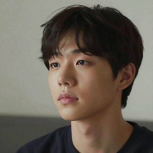 Photograph of a young Asian man with short, slightly messy black hair, fair skin, and neutral expression, wearing a black shirt, against a plain